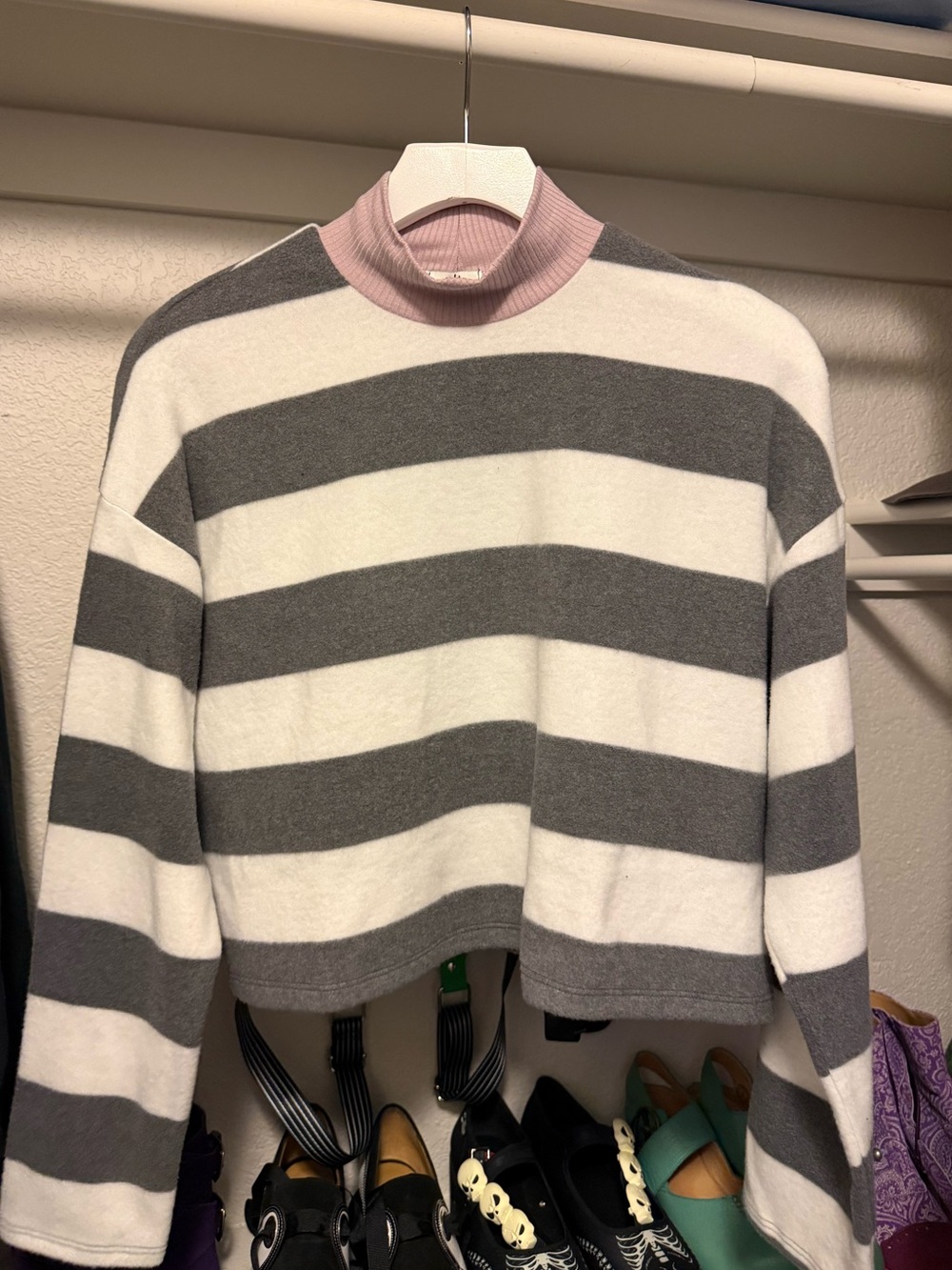 NWT Striped Cropped Sweater in Gray, White and Pink